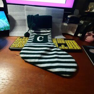 NEW ! Christmas Stocking Letter C Knit 22 inch Green/White Wide